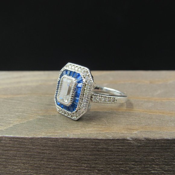 Size 6.25 Sterling Silver Cubic Zirconia & Blue Topaz Fancy Band Ring Vintage - Picture 3 of 9
